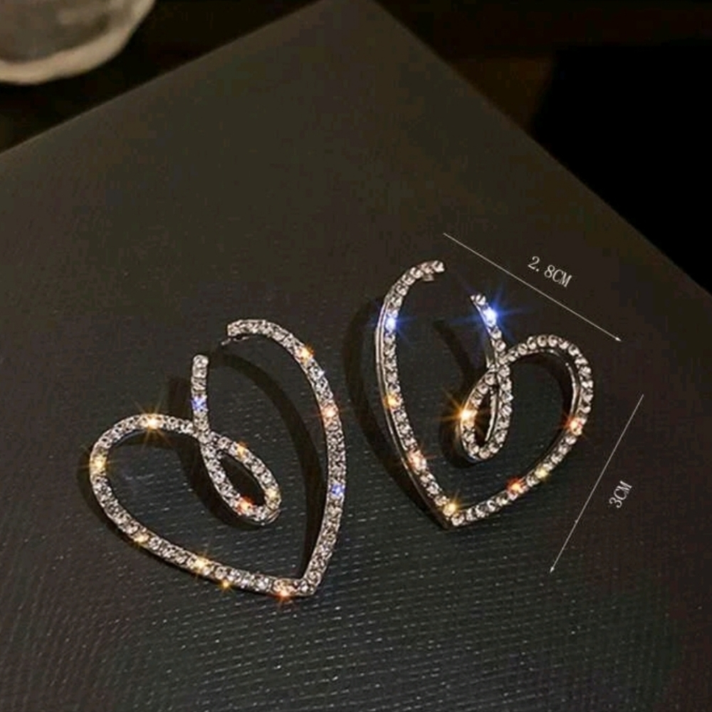 Rhinestone Ear Drop Heart Stud Post Earrings - Picture 2 of 9